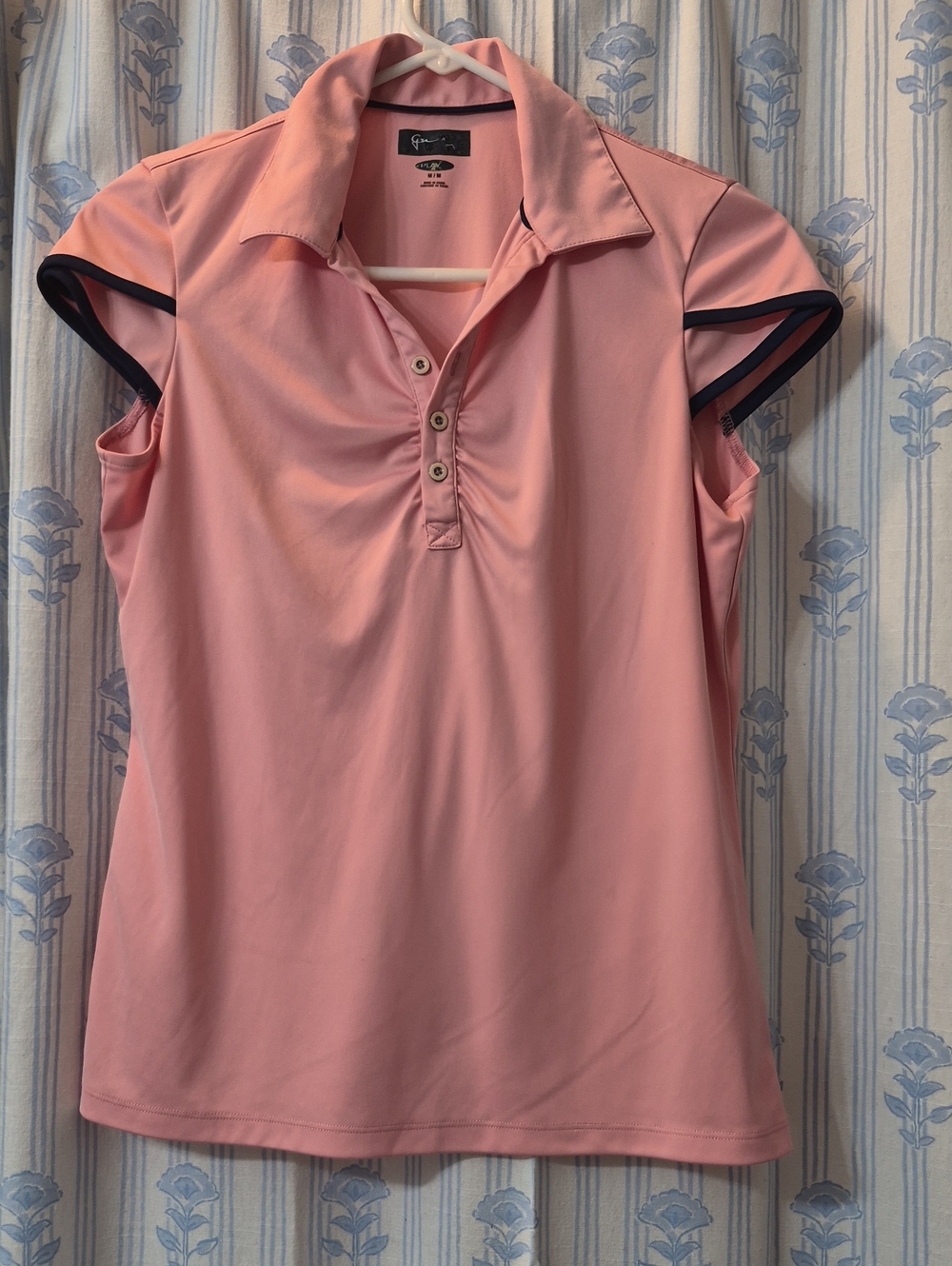 Greg Norman Women's Play Dry Cap Sleeve Golf Polo Shirt Pink Navy Trim Size M